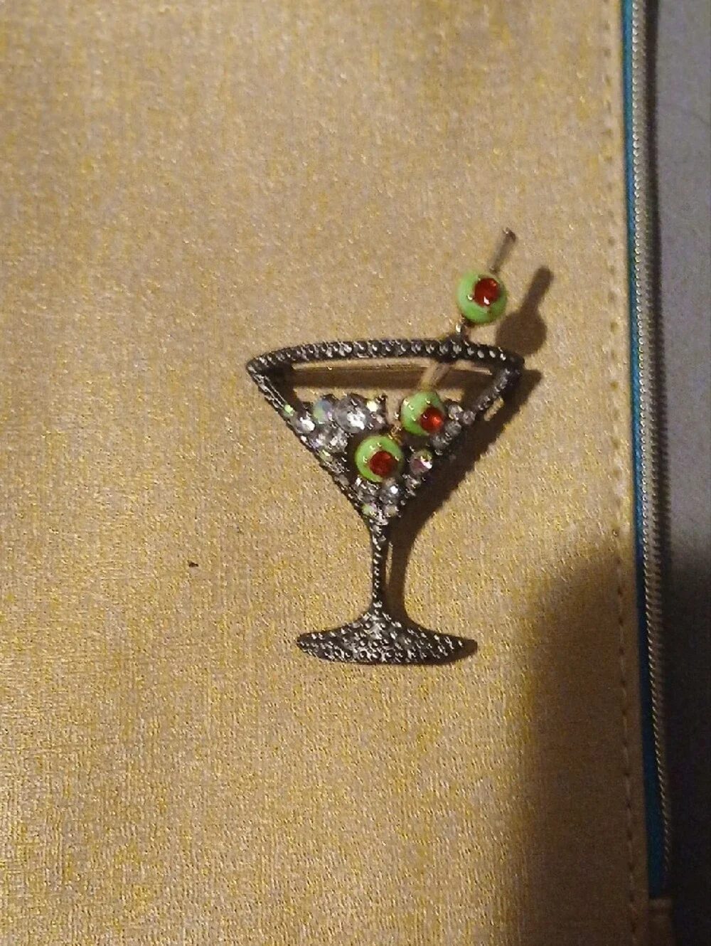 Cocktail Glass Pin Brooch in Gold and Green - Fashion Accessory